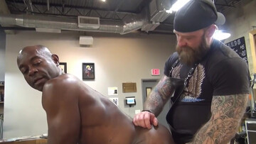 Black lover gets ass rammed by a bearded trucker with a huge cock