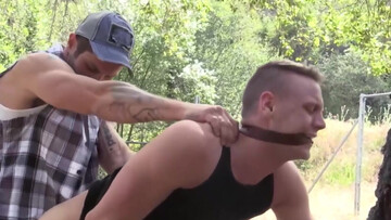 Outdoor doggy style sex with a horny redneck makes teen lad come big time