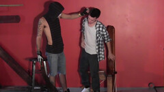 Ebony duo tormenting their little white slave