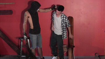 Ebony duo tormenting their little white slave