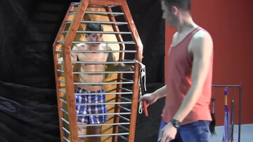Caged boy is eager to experience his first maledom experience