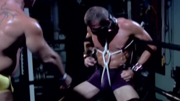 Chained male with stunning forms endures rough sexual punishments