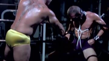 Chained male with stunning forms endures rough sexual punishments