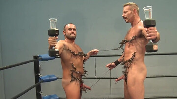 Clamped male lets horny partner throat the dick in rough bondage