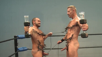 Clamped male lets horny partner throat the dick in rough bondage