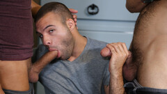 Short lad with a cute face goes down for three lads