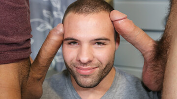 Short lad with a cute face goes down for three lads