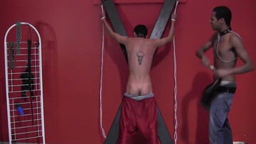 Black dominant partner whips horny twink during rough BDSM treat
