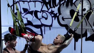 Strong male fucks his blonde slut with a fuck machine in dirty gay femdom