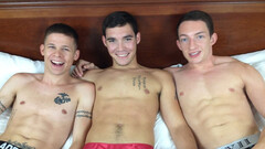 Naked boys share loud bareback sex in threesome scenes