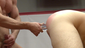 Blond lad with long hair is having sex with a baldie