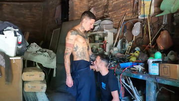 Sexy mechanic sticks the dick in the guy's mouth and fucks him like a bull