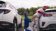 Baseball hotties fuck next to a car, in public