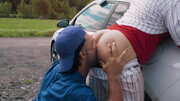 Baseball hotties fuck next to a car, in public