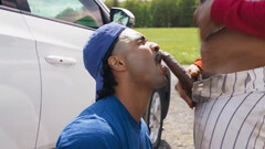 Baseball hotties fuck next to a car, in public