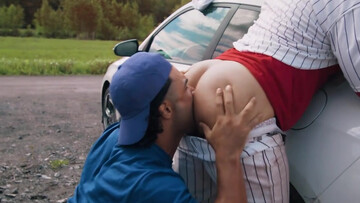 Baseball hotties fuck next to a car, in public