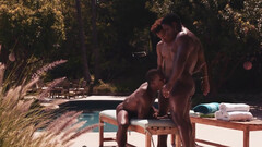 Outdoor threesome with muscles and cummies