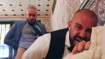 Steamy man ass fucks bald waiter in the ass and comes on his dick