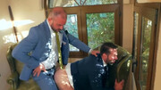 Horny men in suits fuck on the stairs and pose hot